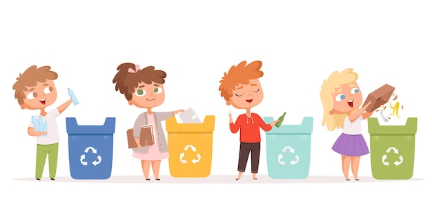 Niños reciclando basura. salvar la naturaleza ecología protección del medio ambiente seguro procesos de reciclaje saludables personajes de dibujos animados.