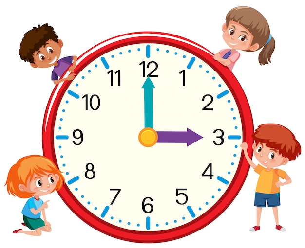 Niños y reloj en banco blanco