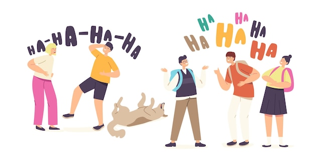 Niños riendo concepto. Los personajes de niñas y niños felices ríen la expresión, los niños divertidos y la risa de los perros, la emoción de ja, ja, la felicidad, la infancia, los escolares alegres. Ilustración de Vector de gente de dibujos animados