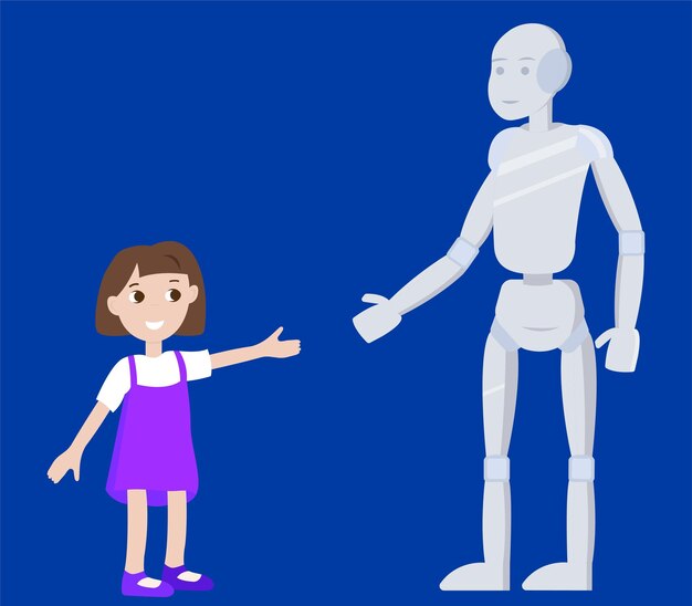 Niños y robot linda niña pequeña y robot amigable