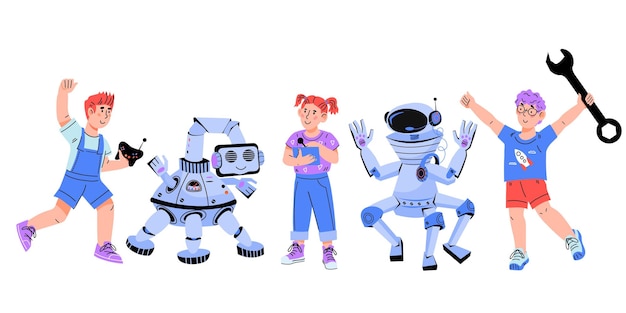 Niños robótica electrónica y educación en ingeniería Niños programando robots ilustración de vector de dibujos animados plana aislado sobre fondo blanco Niños aprendiendo codificación y robótica