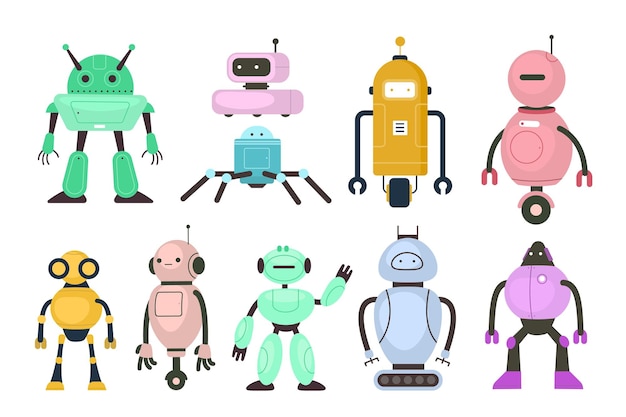 Niños robots juguetes electrónicos de diferentes configuraciones tecnología infantil mecánica personaje lindo fantasía mascota amigable invenciones humanas de estudiantes de dibujos animados vectoriales androides conjunto aislado