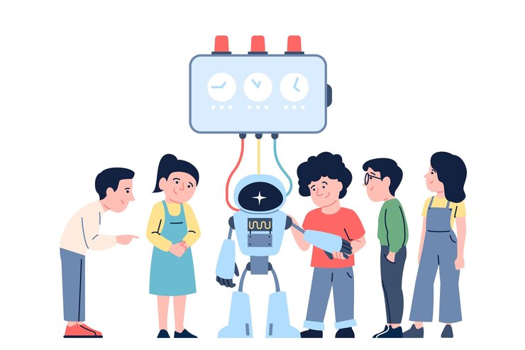 Vector niños y robots niños pequeños crean y programan cyborg android haciendo lección cursos modernos de tecnologías inteligentes escena vectorial reciente