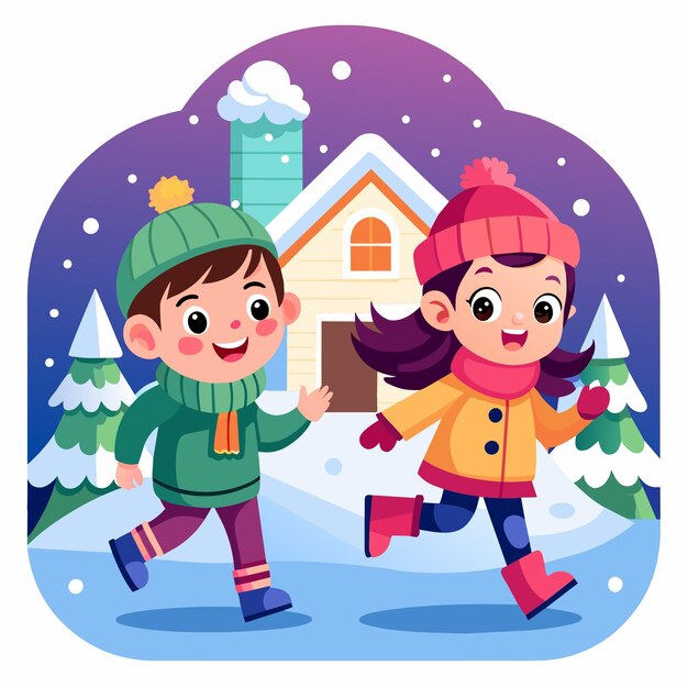 Vector niños con ropa de invierno jugando a la pista de patinaje sobre hielo pegatina de personaje de dibujos animados de mascota dibujada a mano