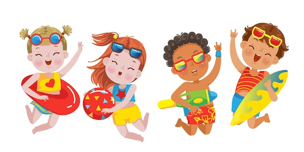 Vector niños saltando de escenas de verano con vacaciones de niños en el mar.