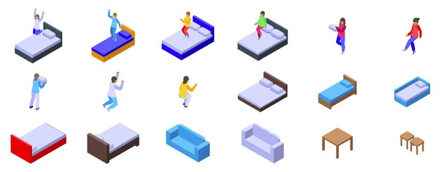 Niños saltando iconas de cama conjunto de vector isométrico Actividad de juego