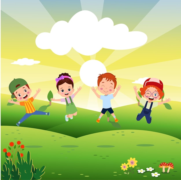Vector niños saltando niños divertidos felices jugando y saltando en diferentes poses de acción educación pequeños personajes de vector de equipo ilustración de niños y niños diversión y sonrisa