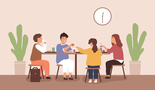 Niños sentados y comiendo en la mesa del comedor escolar. Alumnos comiendo en la cafetería. Escena de compañeros de clase cenando o almorzando juntos. Ilustración de dibujos animados de vector plano de escolares preadolescentes.