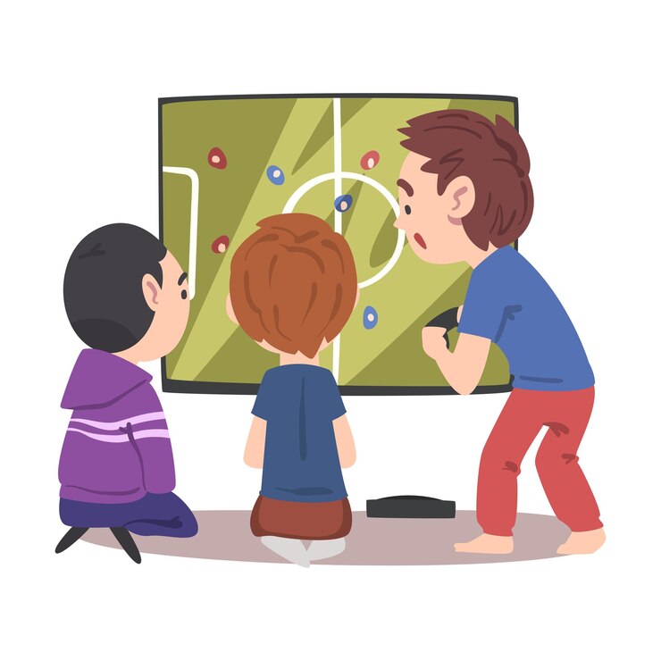 Vector niños sentados frente a una pantalla enorme jugando fútbol juego de video niños divirtiéndose juntos con juegos de computadora ilustración vectorial al estilo de dibujos animados