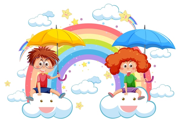Niños sentados en las nubes con arco iris en el cielo.