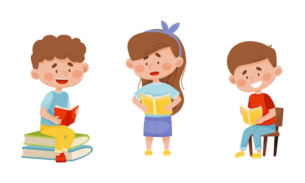 Vector niños sentados y de pie posando leyendo un conjunto de ilustraciones vectoriales de libros