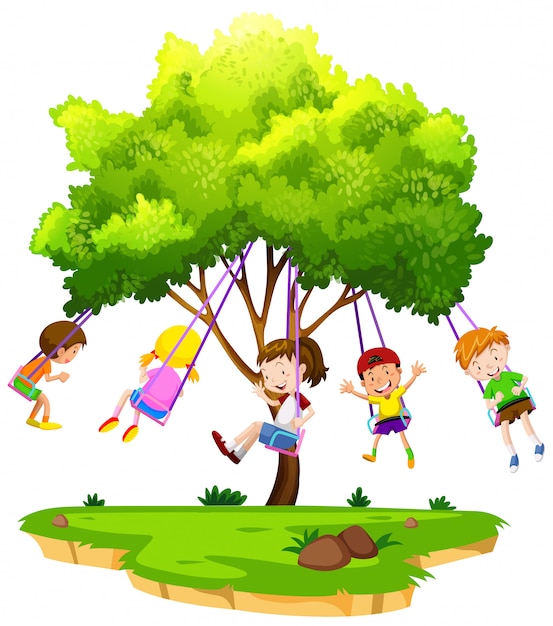 Vector niños sentados en tree swing