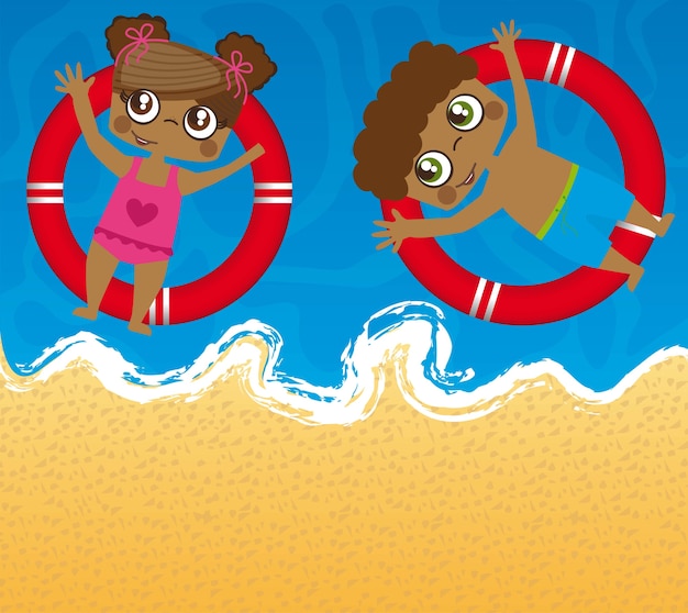 Vector niños sobre el mar con flotadores