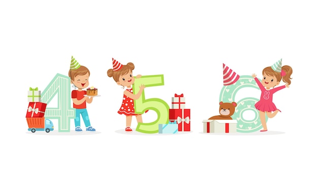 Los niños con sombreros de fiesta están de pie junto a grandes números Ilustración vectorial sobre un fondo blanco
