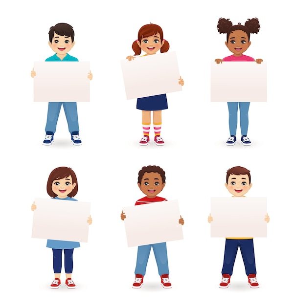 Niños sonrientes niños y niñas sosteniendo un tablero en blanco aislado ilustración vectorial