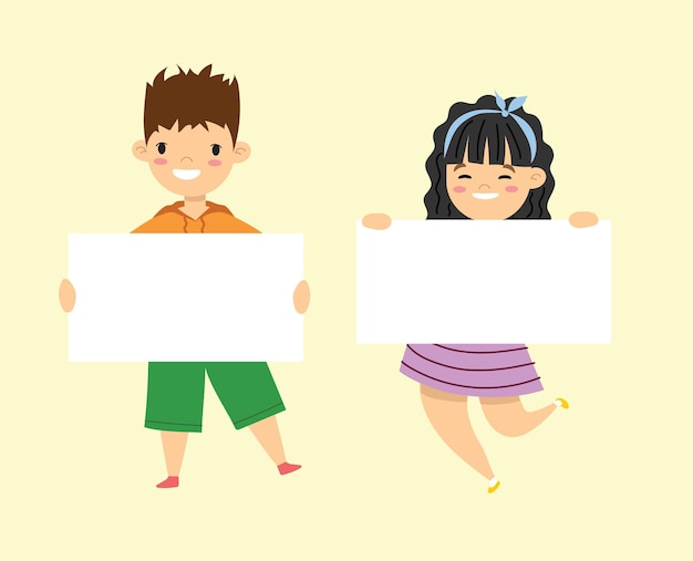 Niños sosteniendo pancartas. vector niño y niña con banner vacío, niño de escuela de dibujos animados de ilustración y tablero para texto en diseño plano