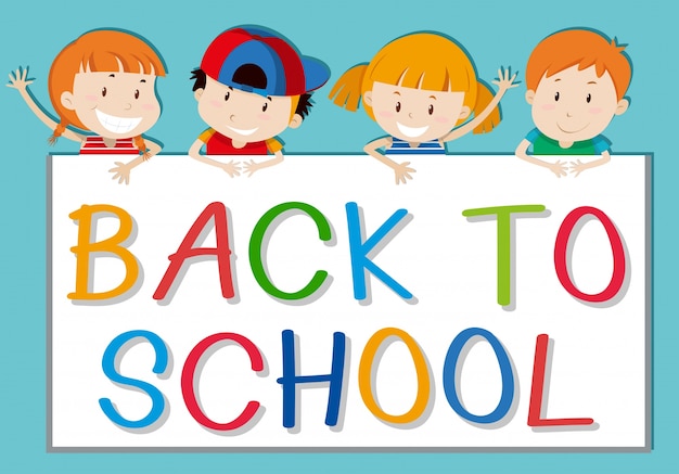 Niños sosteniendo signo de la escuela