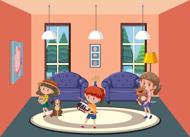 Niños sosteniendo sus juguetes en la escena de la habitación.