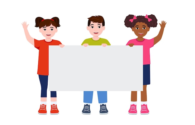 Niños sosteniendo tablero en blanco vacío Los niños se levantan carteles Fiesta de celebración de vacaciones Listo para su mensaje Espacio para texto Personaje de dibujos animados divertido Aislado sobre fondo blanco