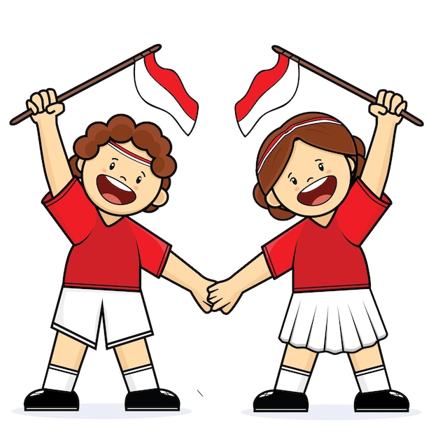 Los niños sostienen la bandera de indonesia el día de la independencia de indonesia animación de dibujos animados