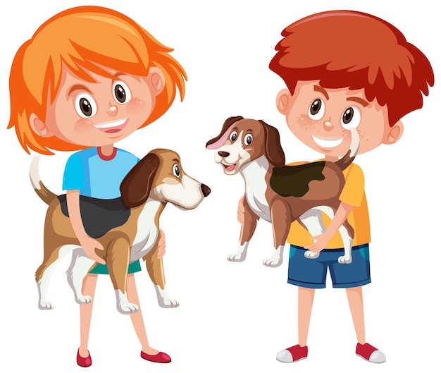 Vector los niños con sus mascotas aisladas sobre fondo blanco.