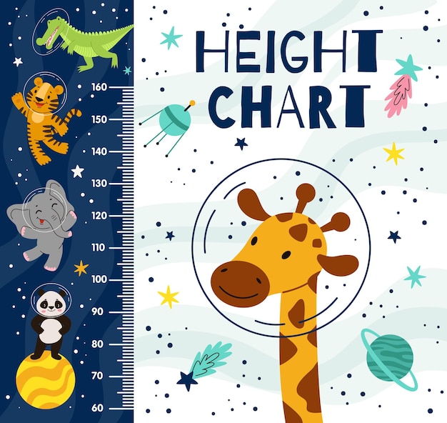 Los niños tabla de altura espacio animales lindos astronautas en el espacio exterior metro de altura vector de dibujos animados plano