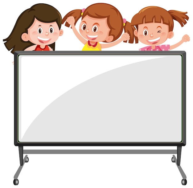 Niños con tablero en blanco en estilo de dibujos animados