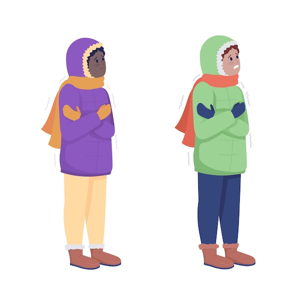 Niños temblando de frío juego de caracteres de vector de color semiplano Figura de pie Personas de cuerpo completo en blanco Congelar ilustración de estilo de dibujos animados moderno aislado para diseño gráfico y colección de animación
