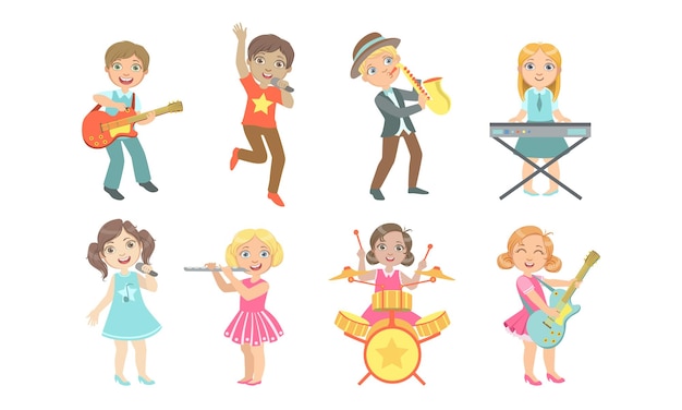 Niños tocando instrumentos musicales y cantando Set Músicos talentosos niños y niñas actuando en el escenario Ilustración vectorial