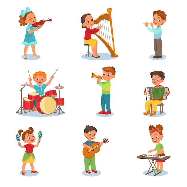 Niños tocando instrumentos musicales Pequeños músicos Niños y niñas con violín Interpretación musical Arpa o acordeón Concierto de orquesta Batería y guitarra Espléndido conjunto vectorial