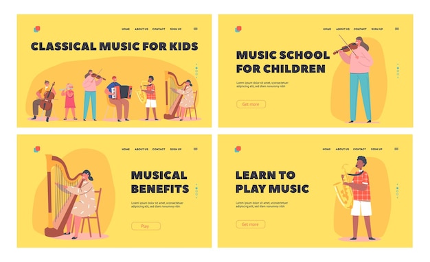 Niños tocando música Juego de plantillas de página de destino Los niños tocan instrumentos clásicos Violonchelo Flauta Violín Acordeón Saxofón y arpa Pequeños artistas actúan en escena Dibujos animados Vector Ilustración