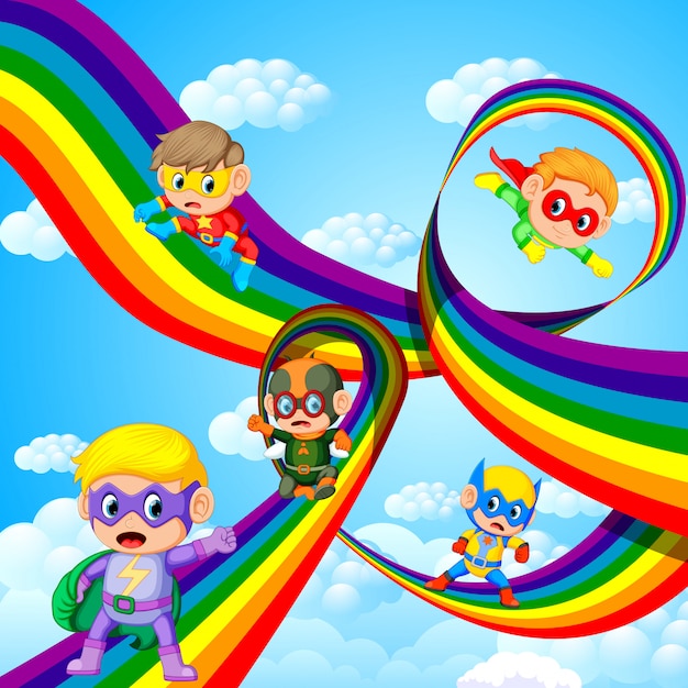 Vector niños en traje de héroe volando sobre el arco iris