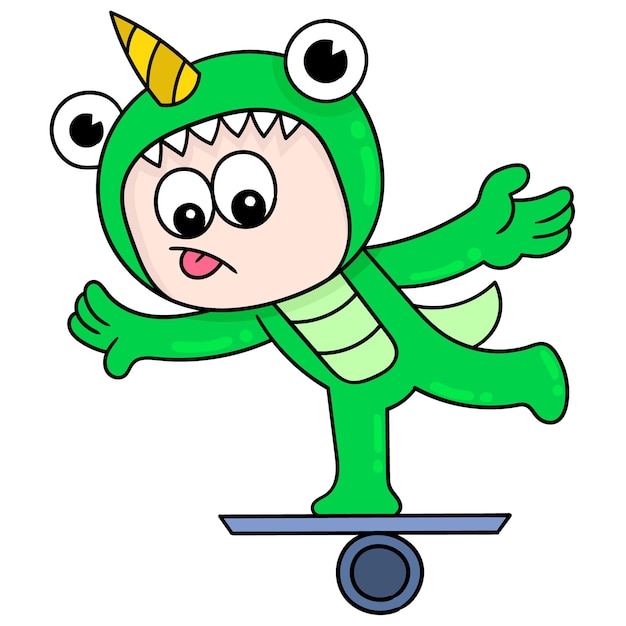 Niños en trajes de monstruo con cuernos en patineta, arte de ilustración vectorial. imagen de icono de doodle kawaii.