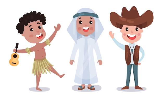 Niños con trajes nacionales de diferentes países Conjunto de ilustraciones vectoriales