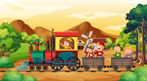 Vector niños en un tren con escenario natural.