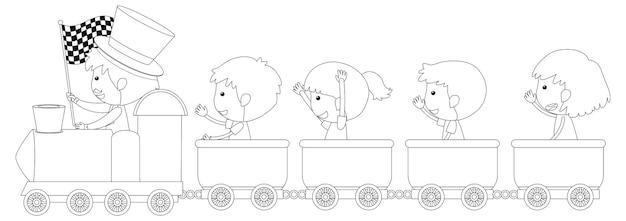 Vector niños en tren personaje de garabato blanco y negro