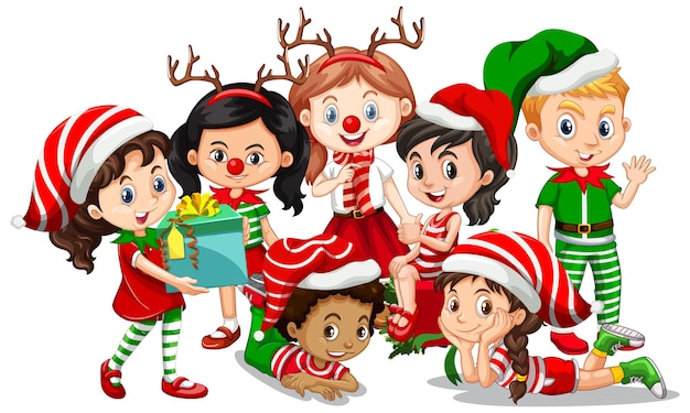 Los niños usan personaje de dibujos animados de disfraces de Navidad en blanco