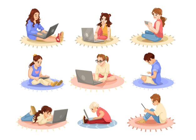 Niños usando computadoras portátiles y tabletas en alfombras Ilustración vectorial