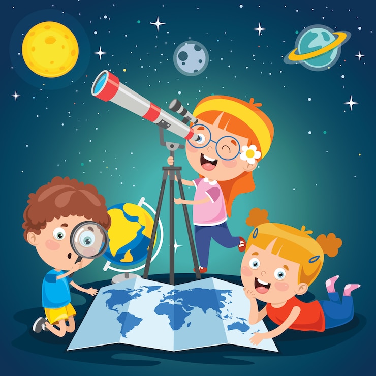 Vector niños usando telescopio para investigación astronómica