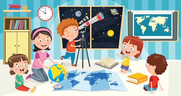 Niños usando telescopio para investigación astronómica