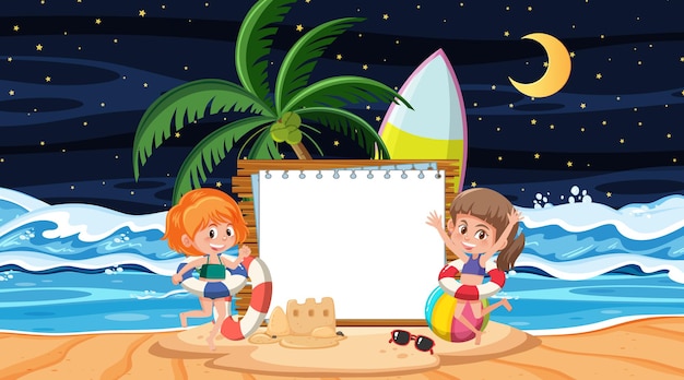 Niños de vacaciones en la escena nocturna de la playa con una plantilla de banner vacía