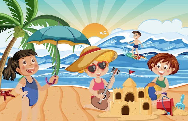 Vector niños en vacaciones de verano en la playa