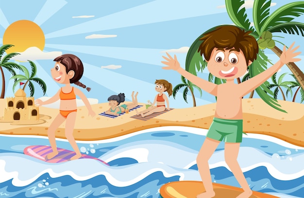 Niños en vacaciones de verano en la playa