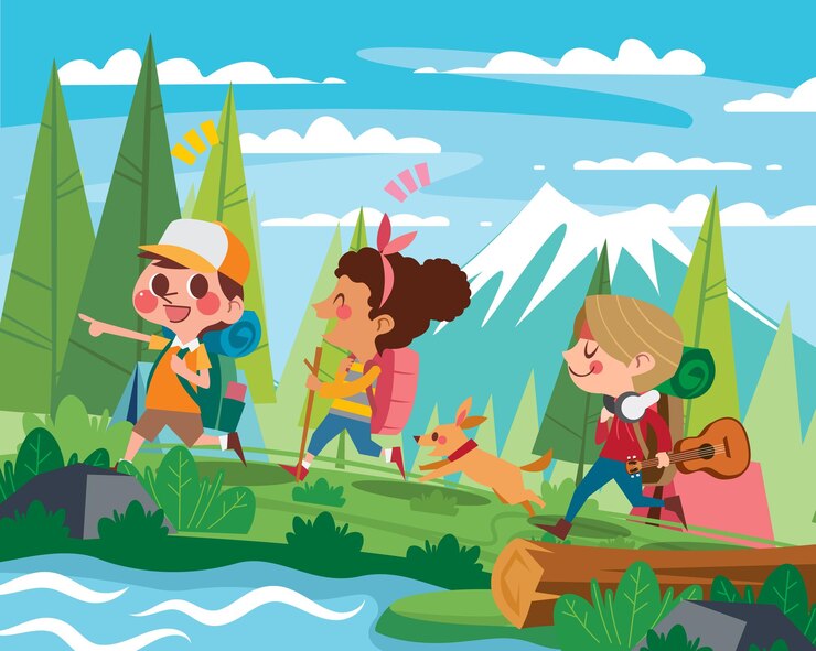 Vector los niños van de excursión y aventuras en el bosque del campamento de verano