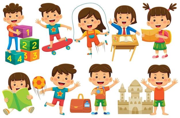 Niños vector clip art en estilo de diseño plano