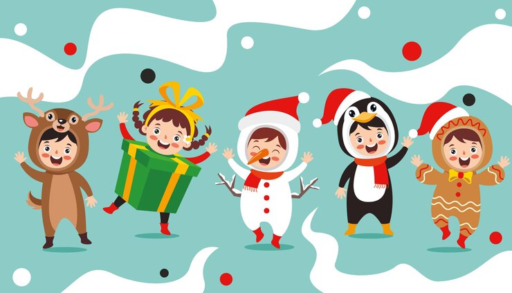 Vector niños vestidos con disfraces en el tema de navidad