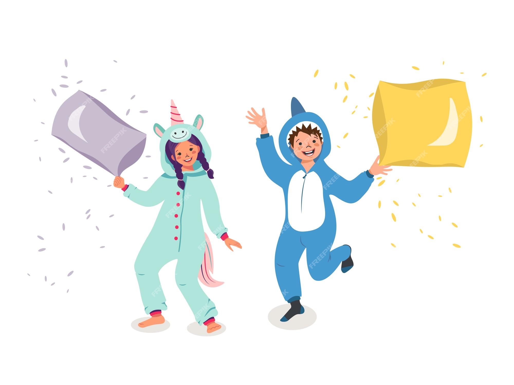 Niños vestidos con monos o kigurumi de diferentes animales aislados sobre fondo blanco. niños alegres con ropa de unicornio y tiburón. pelea de almohadas. disfraces de carnaval. ilustración de vector de dibujos animados plana. | Vector Premium Niños vestidos con monos o kigurumi de diferentes animales aislados sobre fondo blanco. niños alegres con ropa de unicornio y tiburón. pelea de almohadas. disfraces de carnaval. ilustración de vector de dibujos animados plana. | Vector Premium