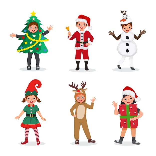 Los niños vestidos con trajes de navidad como árbol de santa claus muñeco de nieve elfo reno y caja de regalo