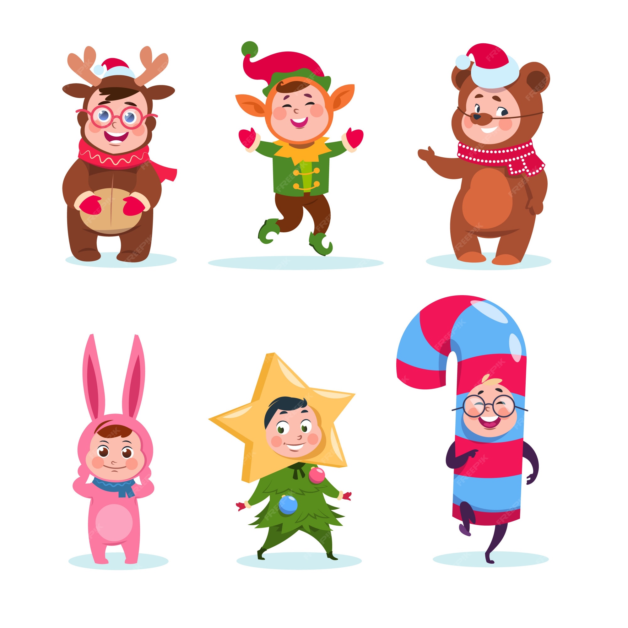 Niños vestidos con trajes de navidad. dibujos animados niños felices  saludando la navidad. personajes de vacaciones de invierno | Vector Premium