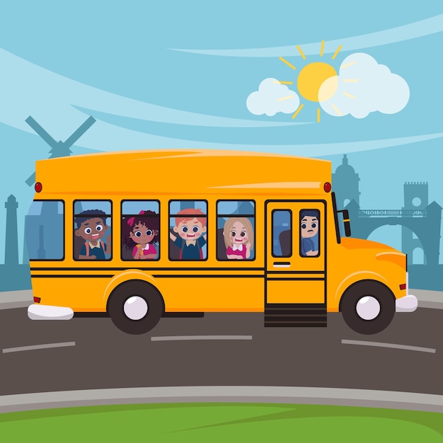 Los niños viajan en un autobús escolar amarillo en una carretera Regreso a la escuela